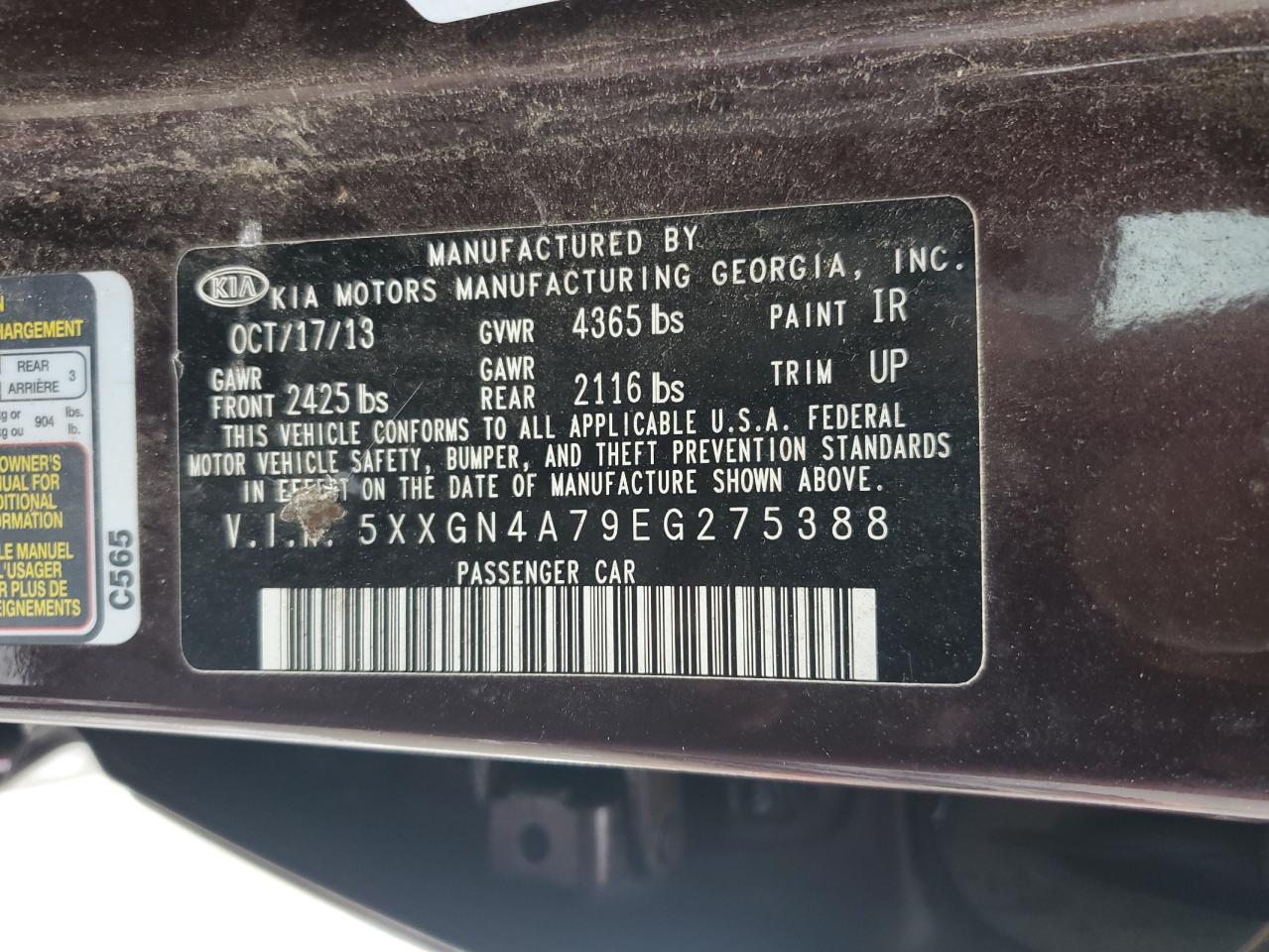 2014 KIA Optima VIN 5XXGN4A79EG275388 Copart auction photo, rollover damage thumbnail 12