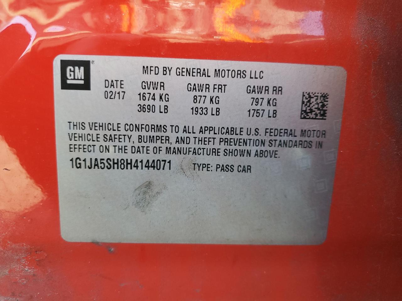 2017 Chevrolet Sonic VIN 1G1JA5SH8H4144071 Copart auction photo, front end / rear end damage thumbnail 12