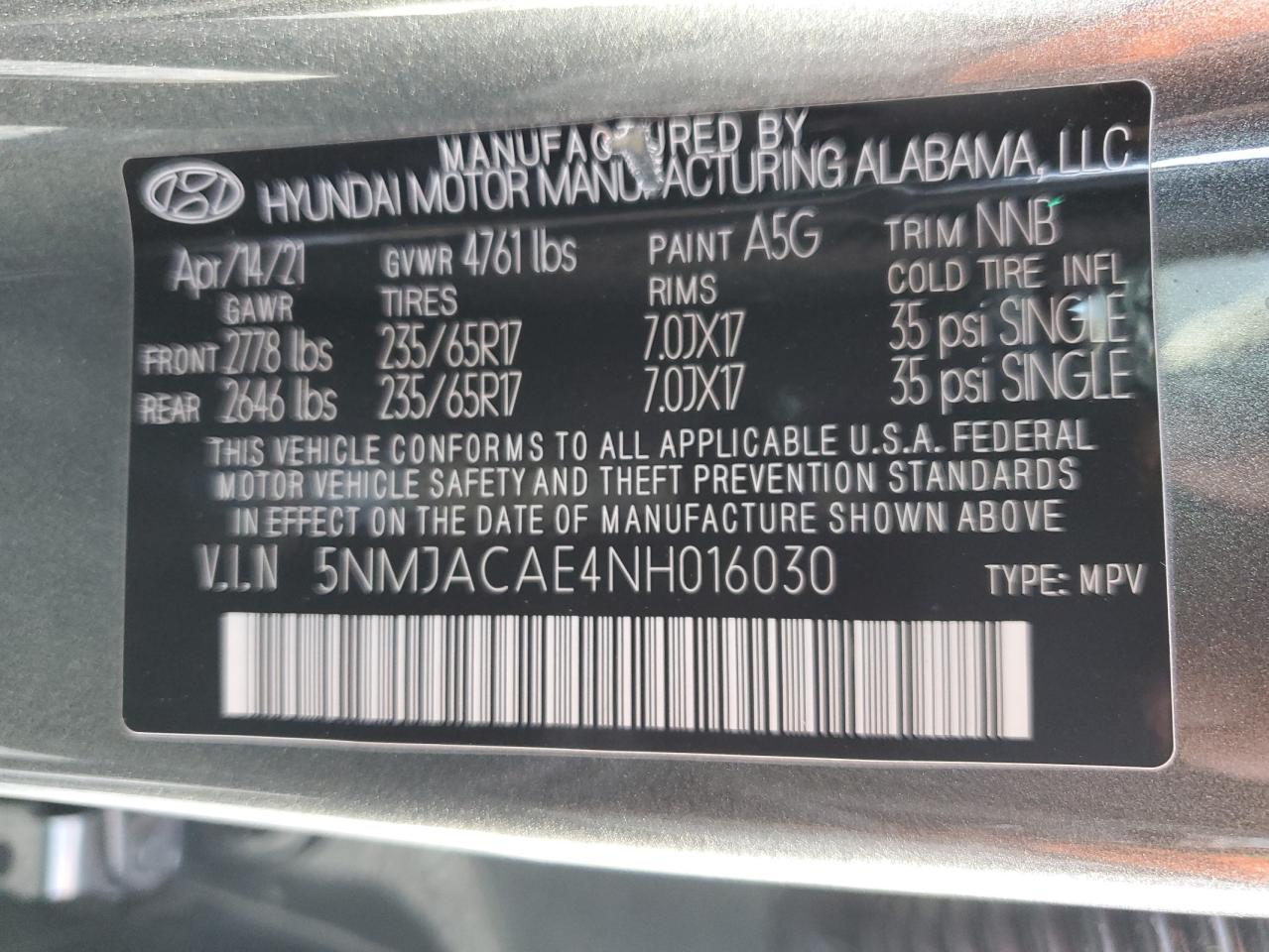 2022 Hyundai Tucson VIN 5NMJACAE4NH016030 Copart auction photo, rear end damage thumbnail 14