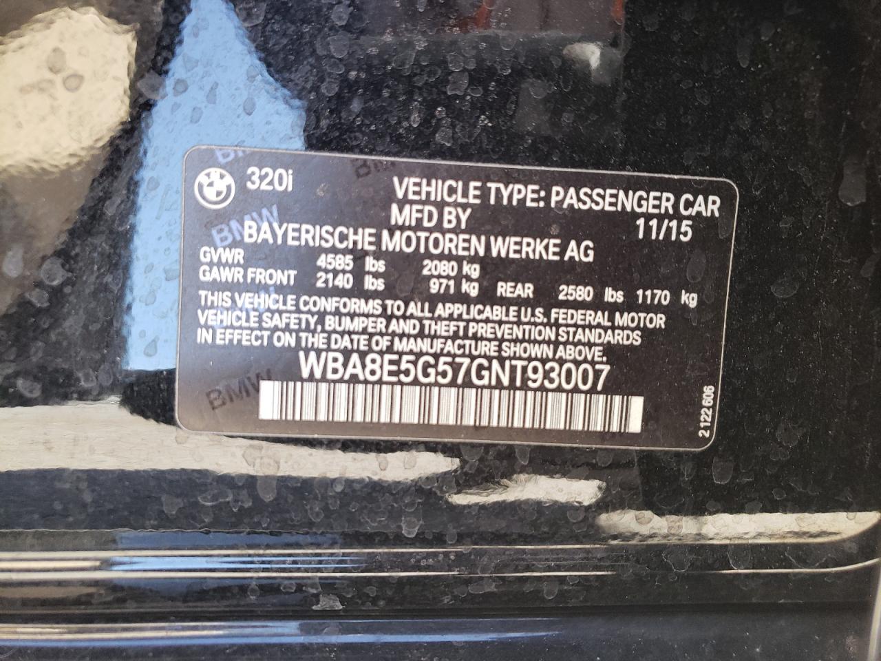2016 BMW 3er VIN WBA8E5G57GNT93007 Copart auction photo, front end damage thumbnail 15