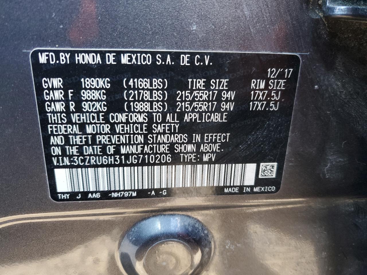 2018 Honda HR-V VIN 3CZRU6H31JG710206 Copart auction photo, rear end / minor dent/scratches damage thumbnail 13