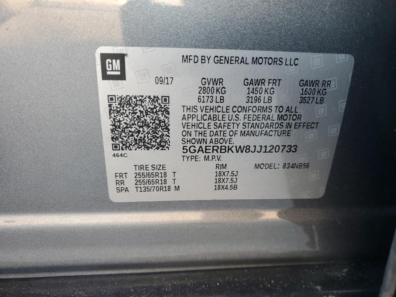 2018 Buick Enclave VIN 5GAERBKW8JJ120733 Copart auction photo, front end damage thumbnail 13