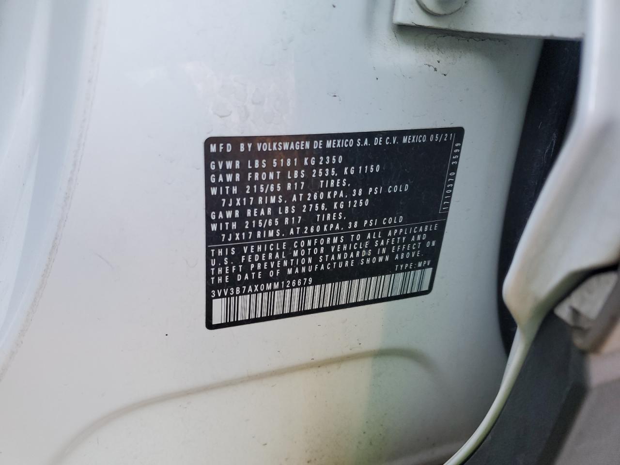 2021 Volkswagen Tiguan VIN 3VV3B7AX0MM126679 Copart auction photo, side / rear end damage thumbnail 13
