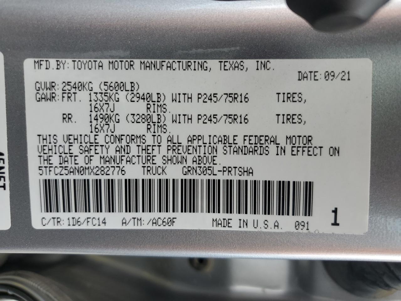 2021 Toyota Tacoma VIN 5TFCZ5AN0MX282776 Copart auction photo, rear end damage thumbnail 12