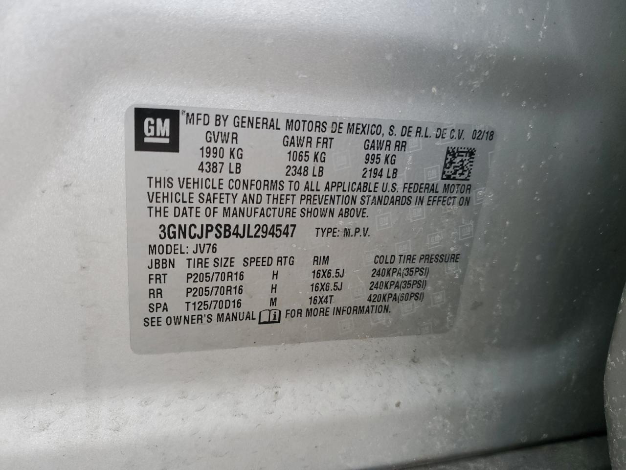2018 Chevrolet Trax VIN 3GNCJPSB4JL294547 Copart auction photo, all over damage thumbnail 13