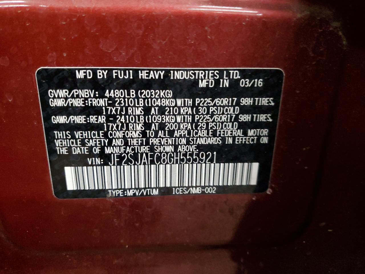 2016 Subaru Forester VIN JF2SJAFC8GH555921 Copart auction photo, side / front end damage thumbnail 15