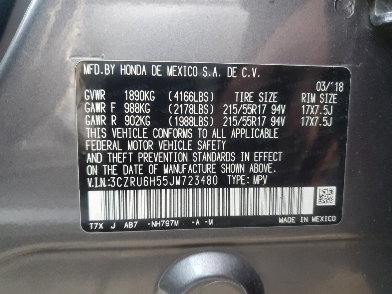 2018 Honda HR-V VIN 3CZRU6H55JM723480 Copart auction photo, rear end damage thumbnail 14