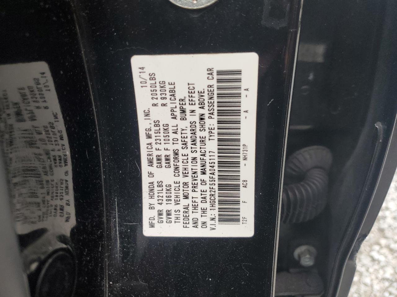 2015 Honda Accord VIN 1HGCR2F55FA045117 Copart auction photo, front end / side damage thumbnail 12