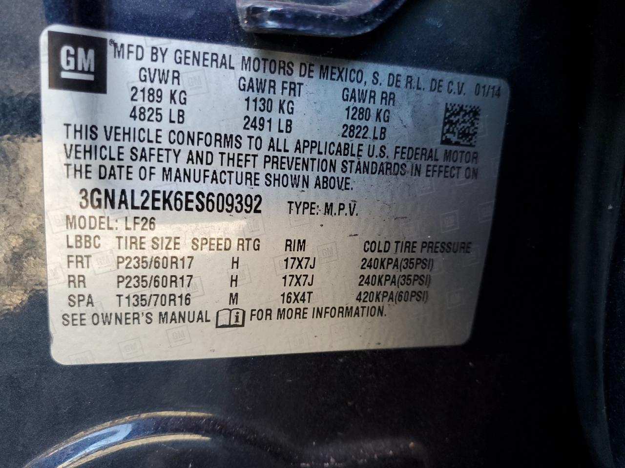 2014 Chevrolet Captiva VIN 3GNAL2EK6ES609392 Copart auction photo, water/flood damage thumbnail 14