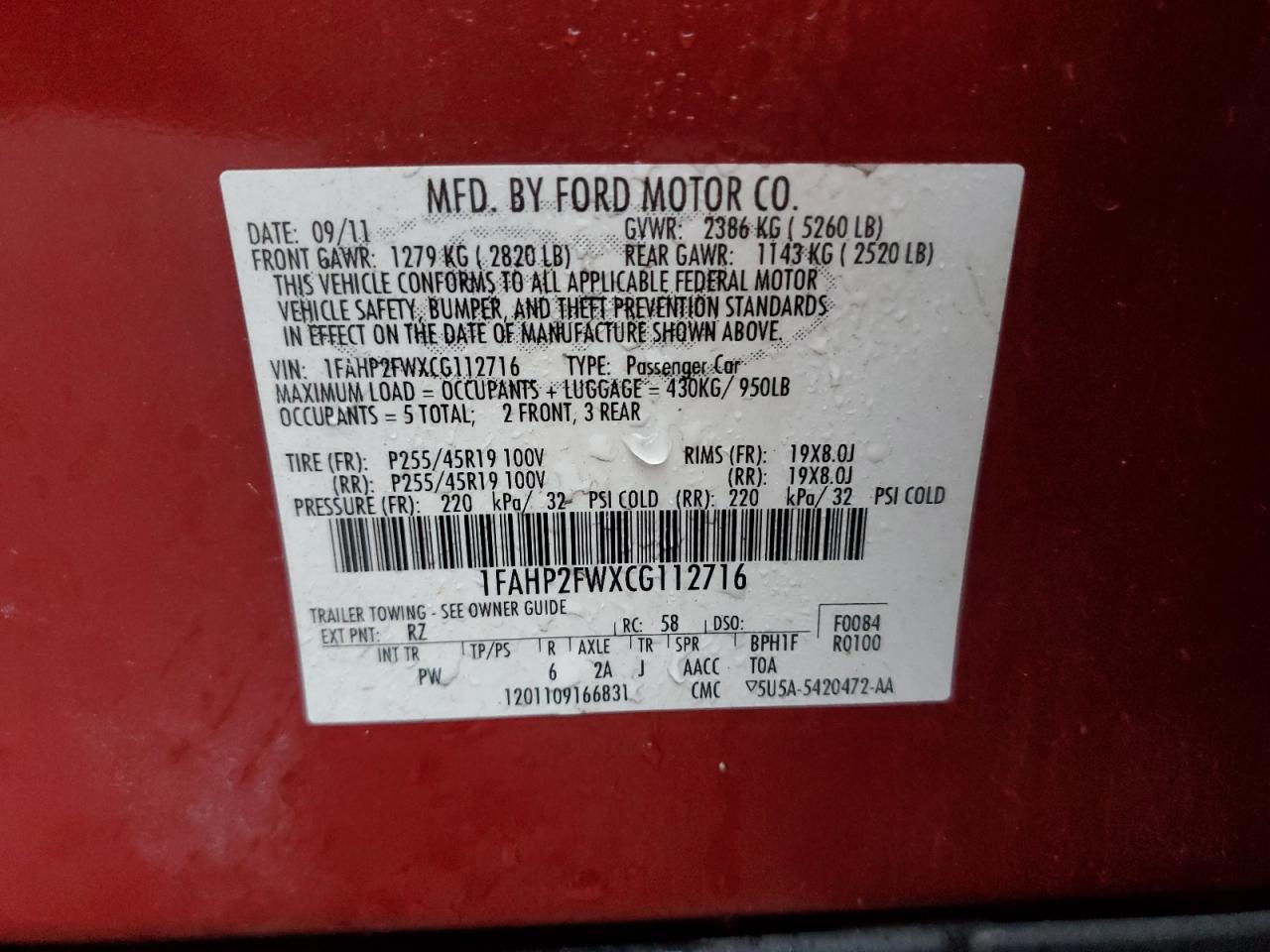 2012 Ford Taurus VIN 1FAHP2FWXCG112716 Copart auction photo, front end damage thumbnail 12