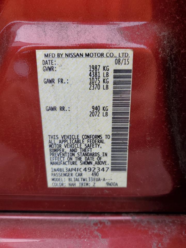 2015 Nissan Altima VIN 1N4BL3AP4FC492347 Copart auction photo, front end / minor dent/scratches damage thumbnail 12