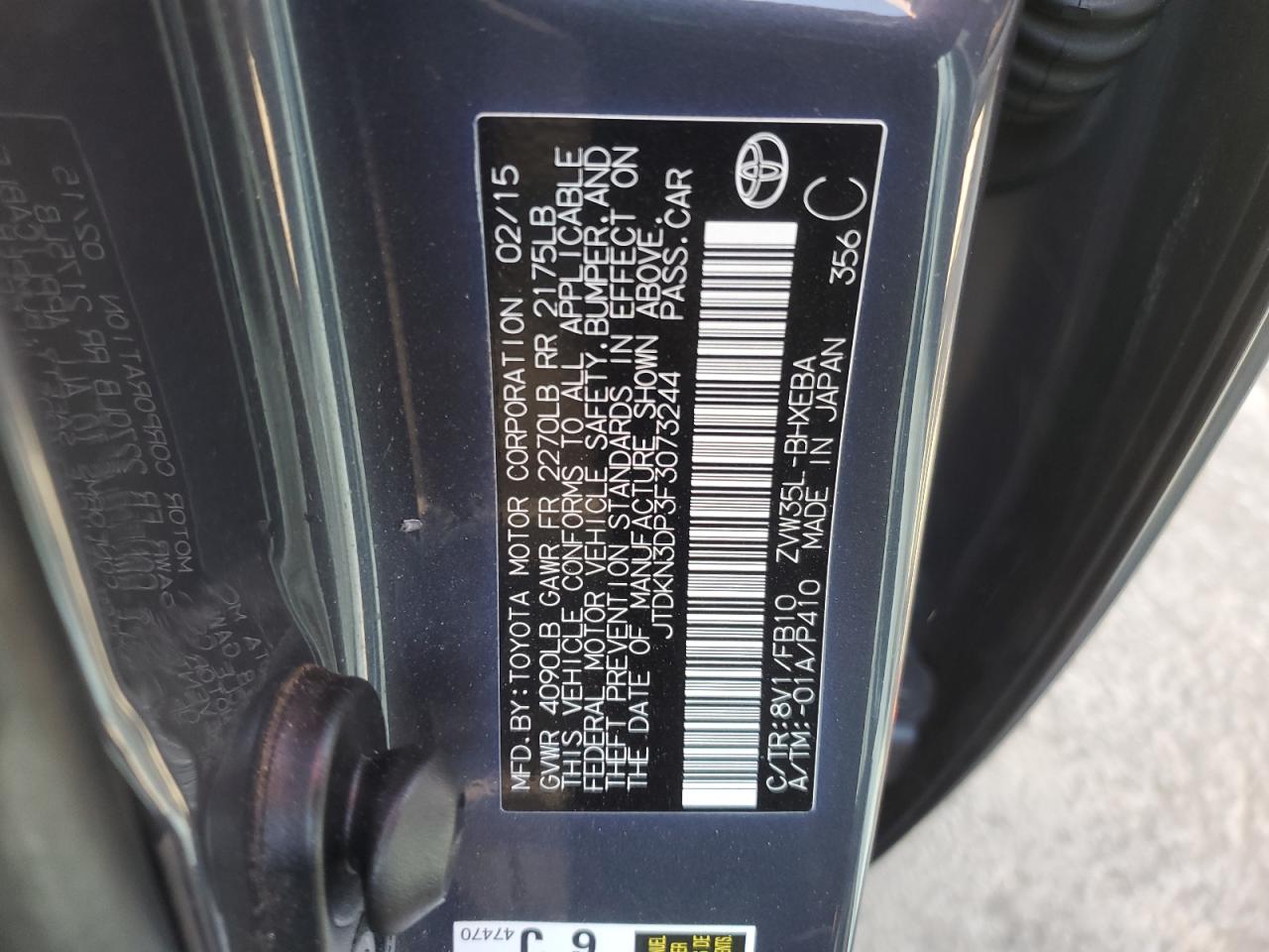 2015 Toyota Prius VIN JTDKN3DP3F3073244 Copart auction photo, front end damage thumbnail 12