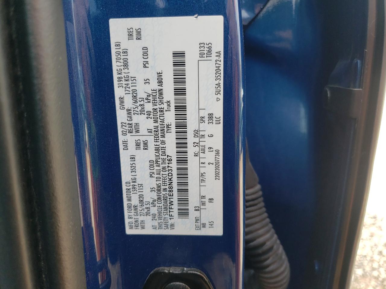 2022 Ford F-150 VIN 1FTFW1E88NKD37167 Copart auction photo, all over damage thumbnail 12