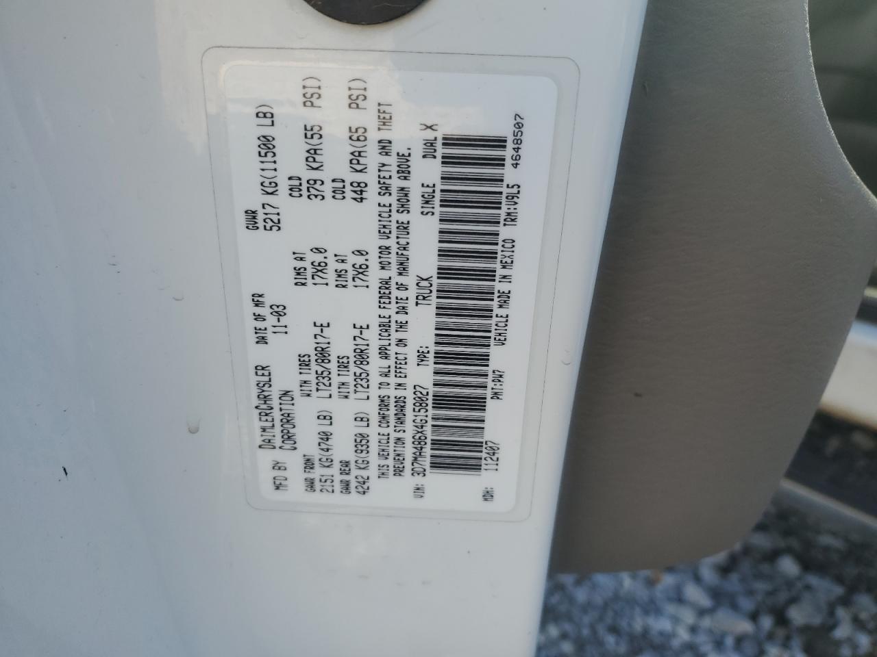 2004 Dodge RAM VIN 3D7MA486X4G158027 Copart auction photo, side / undercarriage damage thumbnail 12