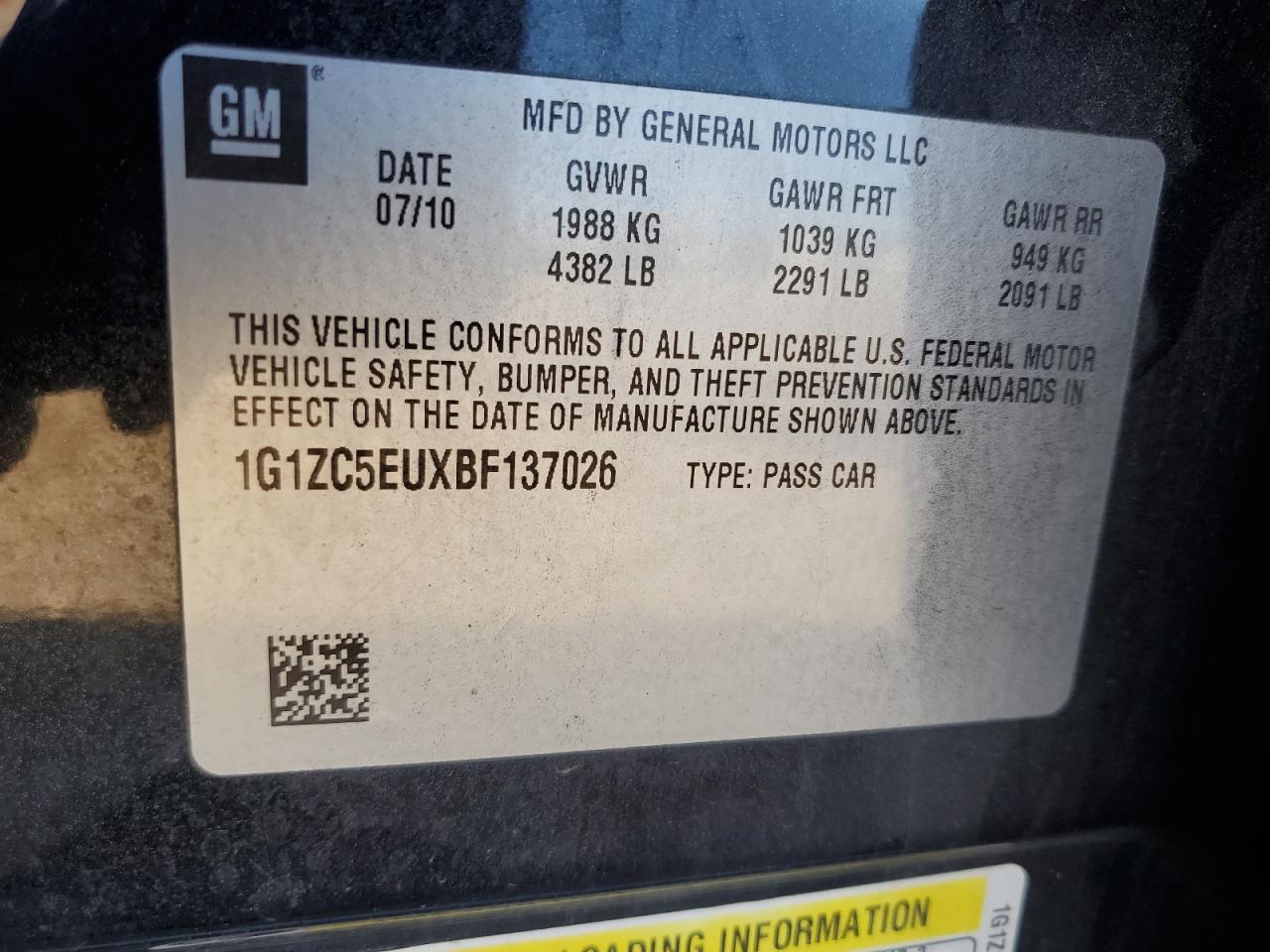 2011 Chevrolet Malibu VIN 1G1ZC5EUXBF137026 Copart auction photo, rear end damage thumbnail 12