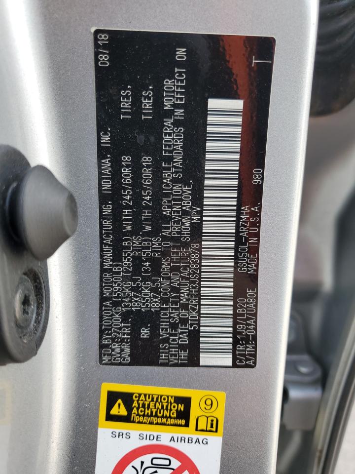 2018 Toyota Highlander VIN 5TDKZRFH3JS283878 Copart auction photo, front end / side damage thumbnail 14