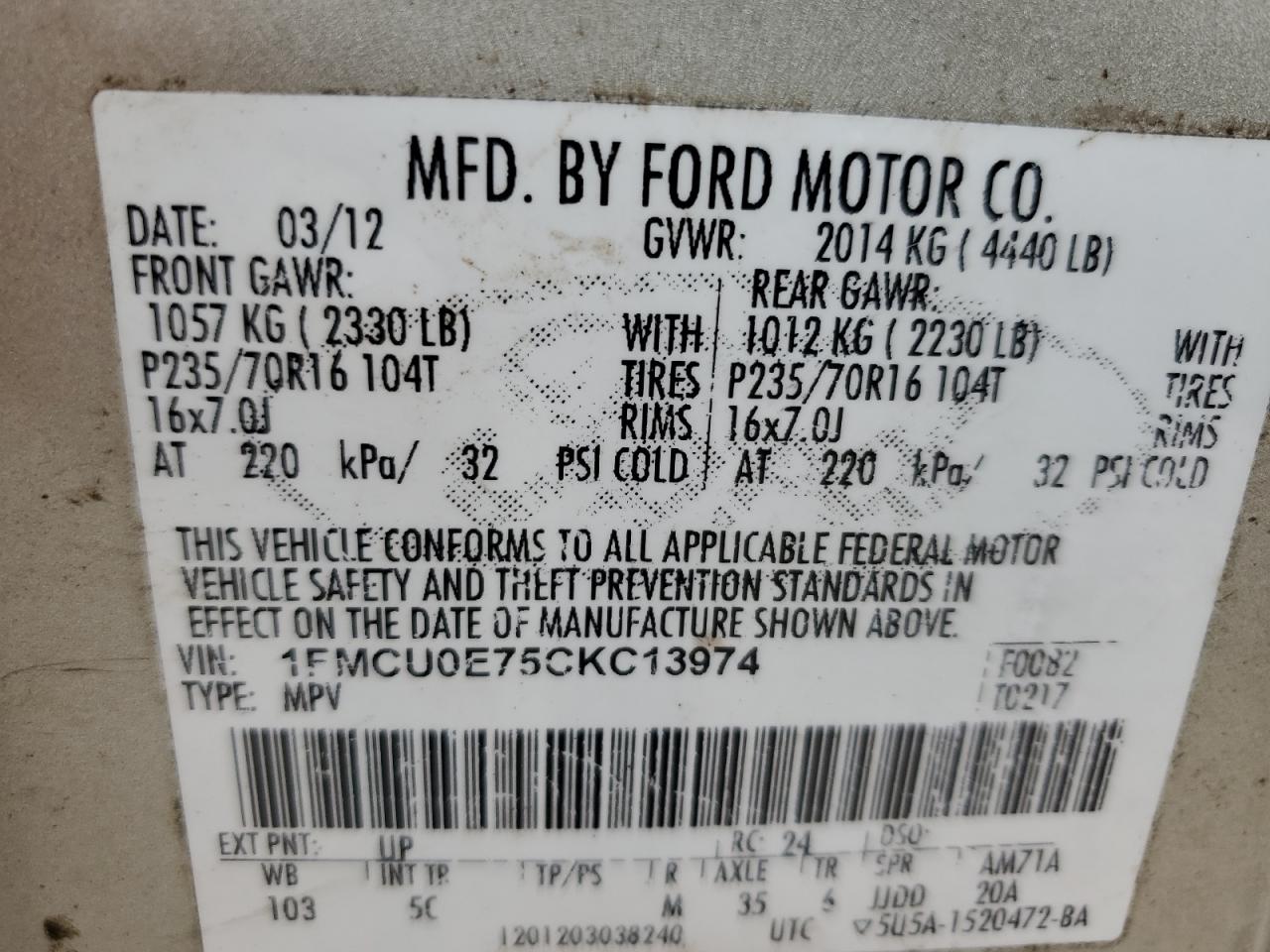 2012 Ford Escape VIN 1FMCU0E75CKC13974 Copart auction photo, front end damage thumbnail 15
