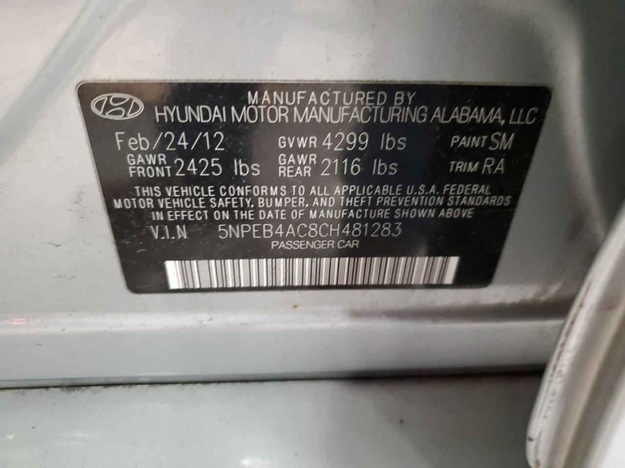 2012 Hyundai Sonata VIN 5NPEB4AC8CH481283 Copart auction photo, undercarriage / all over damage thumbnail 12