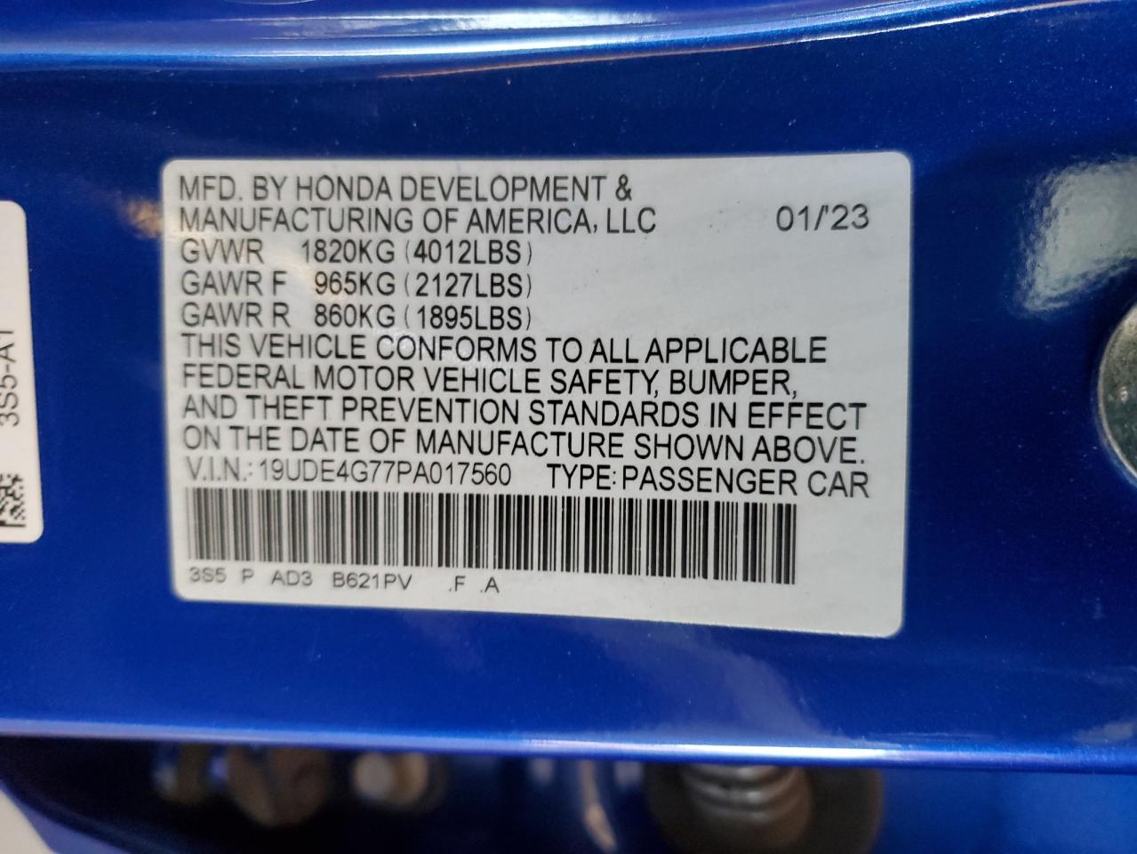 2023 Acura Integra VIN 19UDE4G77PA017560 Copart auction photo, rear end / front end damage thumbnail 13
