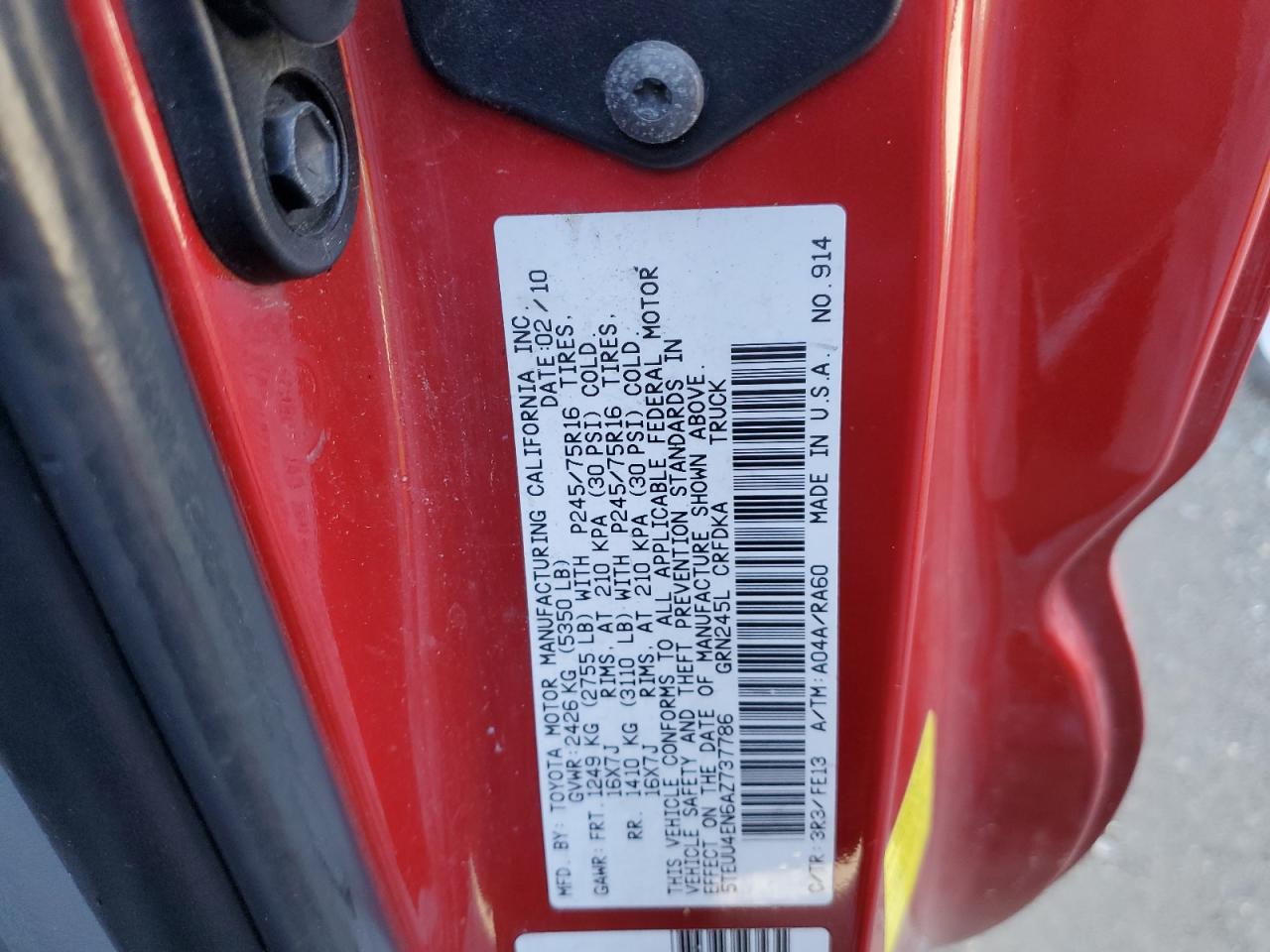 2010 Toyota Tacoma VIN 5TEUU4EN6AZ737786 Copart auction photo, burn - interior damage thumbnail 12