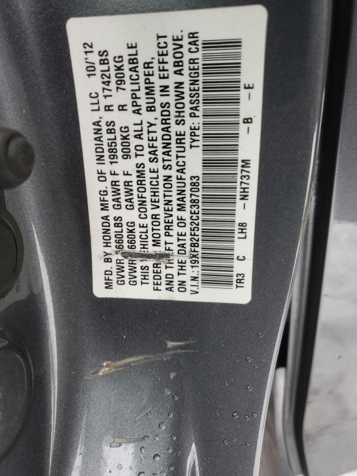 2012 Honda Civic VIN 19XFB2F52CE387083 Copart auction photo, front end / side damage thumbnail 12