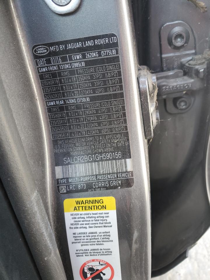 2016 Land Rover Discovery VIN SALCR2BG1GH590156 Copart auction photo, front end / side damage thumbnail 14