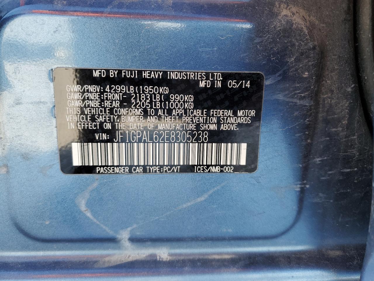 2014 Subaru Impreza VIN JF1GPAL62E8305238 Copart auction photo, front end / minor dent/scratches damage thumbnail 13