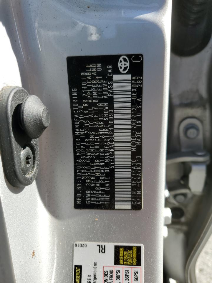 2020 Toyota Corolla VIN 5YFDPRAE3LP110093 Copart auction photo, front end damage thumbnail 12
