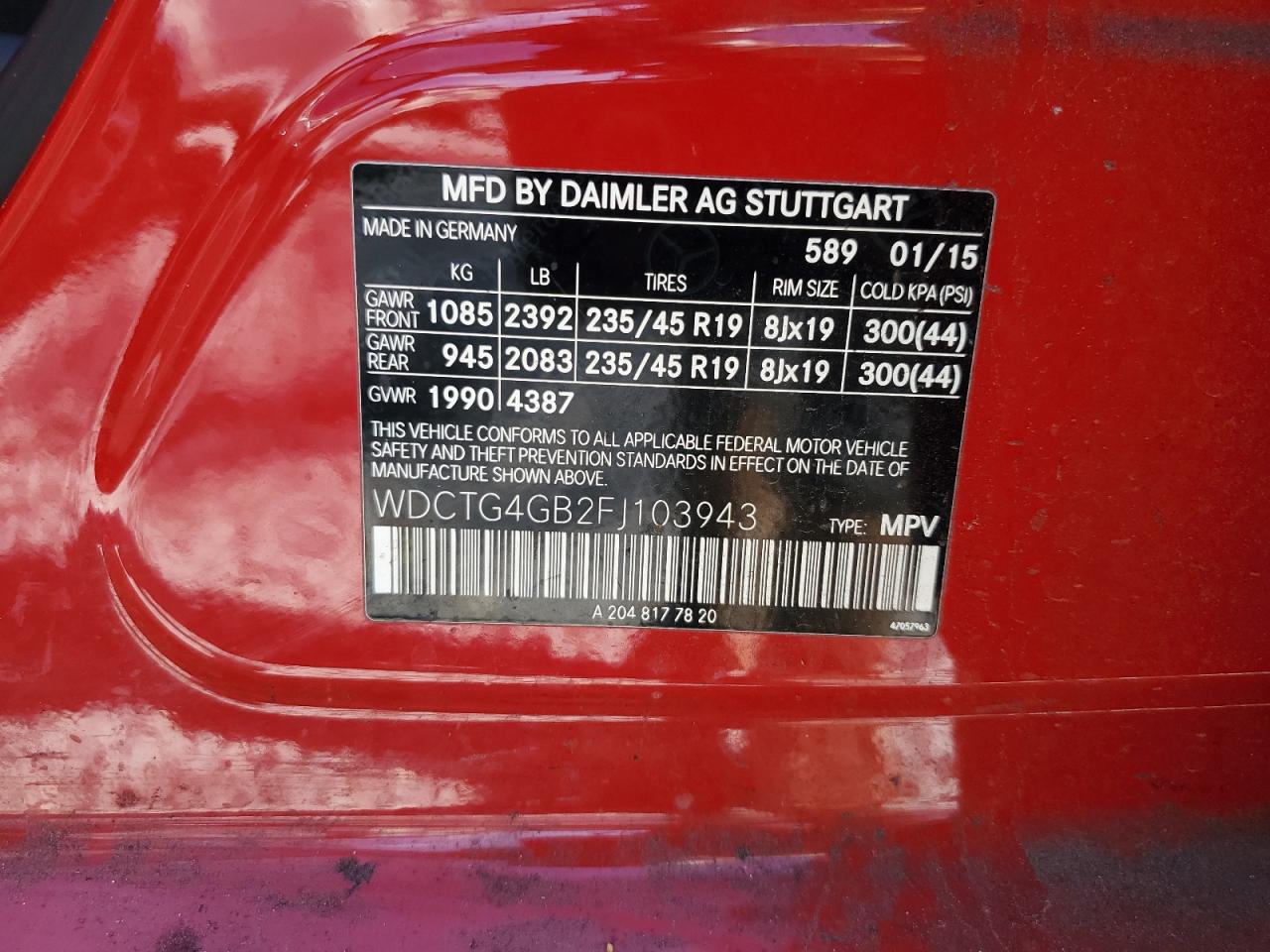 2015 Mercedes-Benz GLA-klasse VIN WDCTG4GB2FJ103943 Copart auction photo, front end damage thumbnail 14
