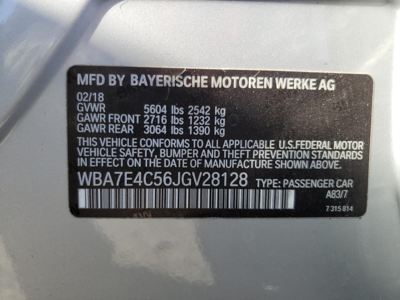 2018 BMW 7er VIN WBA7E4C56JGV28128 Copart auction photo, front end / side damage thumbnail 13