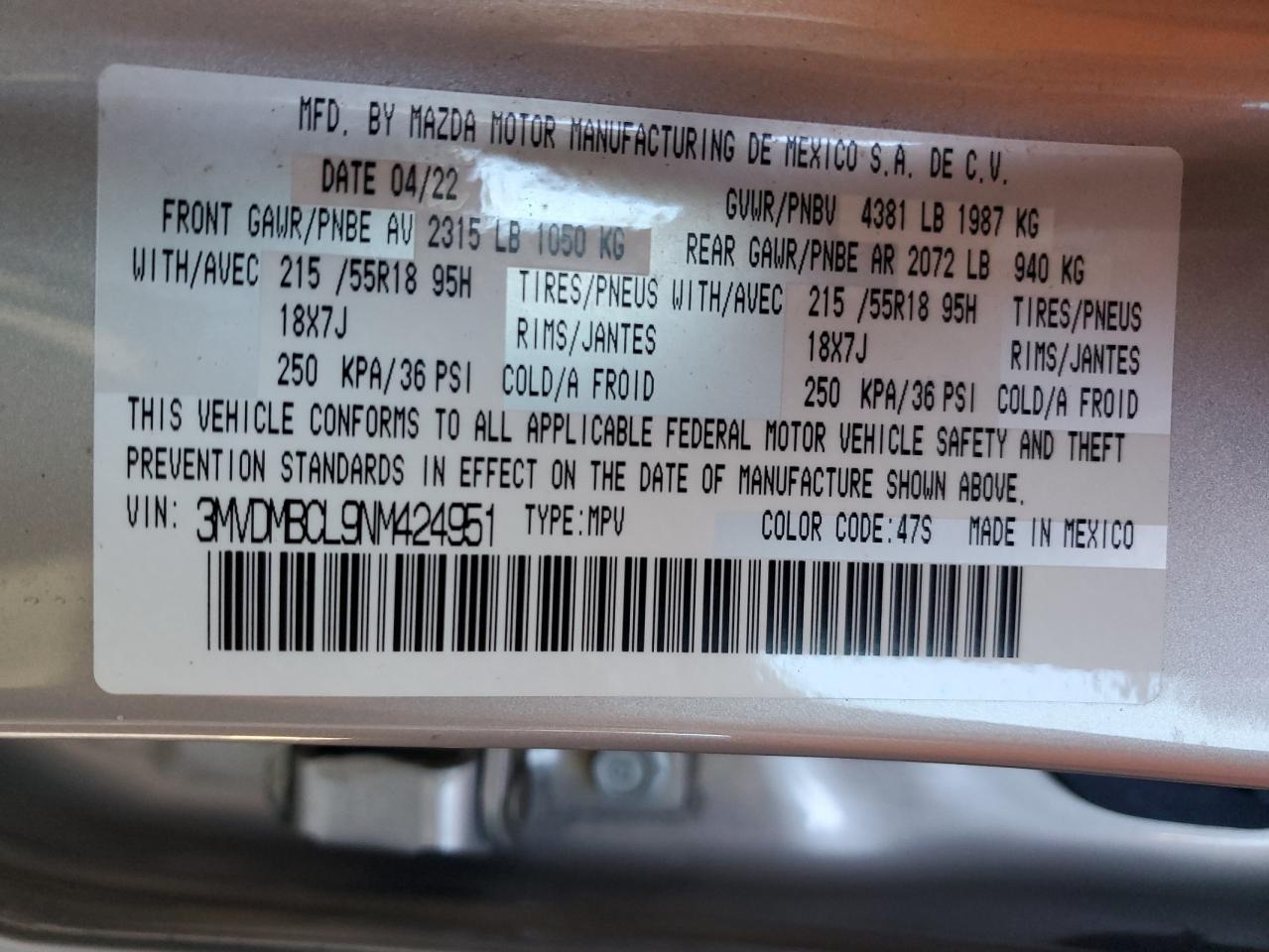 2022 Mazda CX-30 VIN 3MVDMBCL9NM424951 Copart auction photo, front end / side damage thumbnail 15