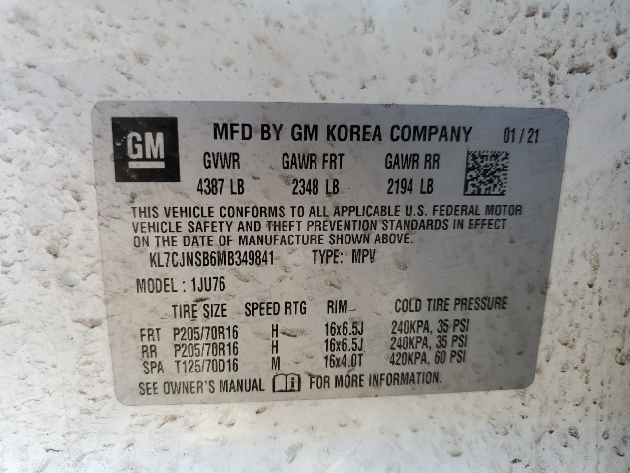 2021 Chevrolet Trax VIN KL7CJNSB6MB349841 Copart auction photo, front end / side damage thumbnail 14