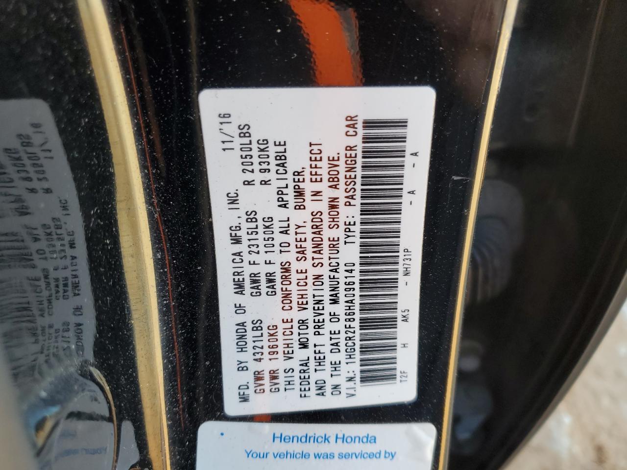 2017 Honda Accord VIN 1HGCR2F86HA096140 Copart auction photo, side damage thumbnail 12