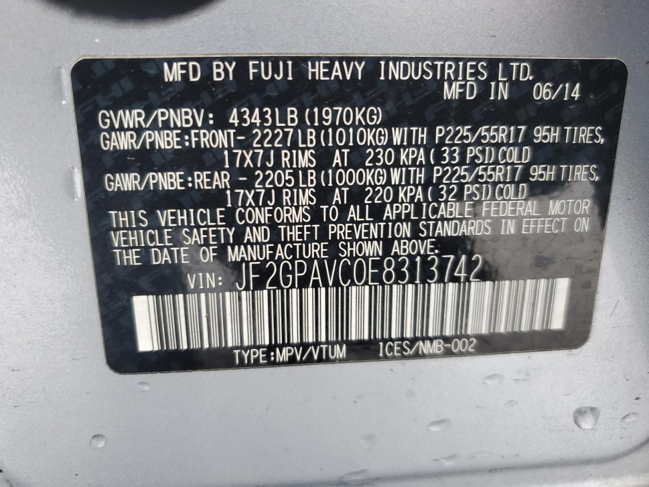 2014 Subaru XV VIN JF2GPAVC0E8313742 Copart auction photo, side damage thumbnail 13