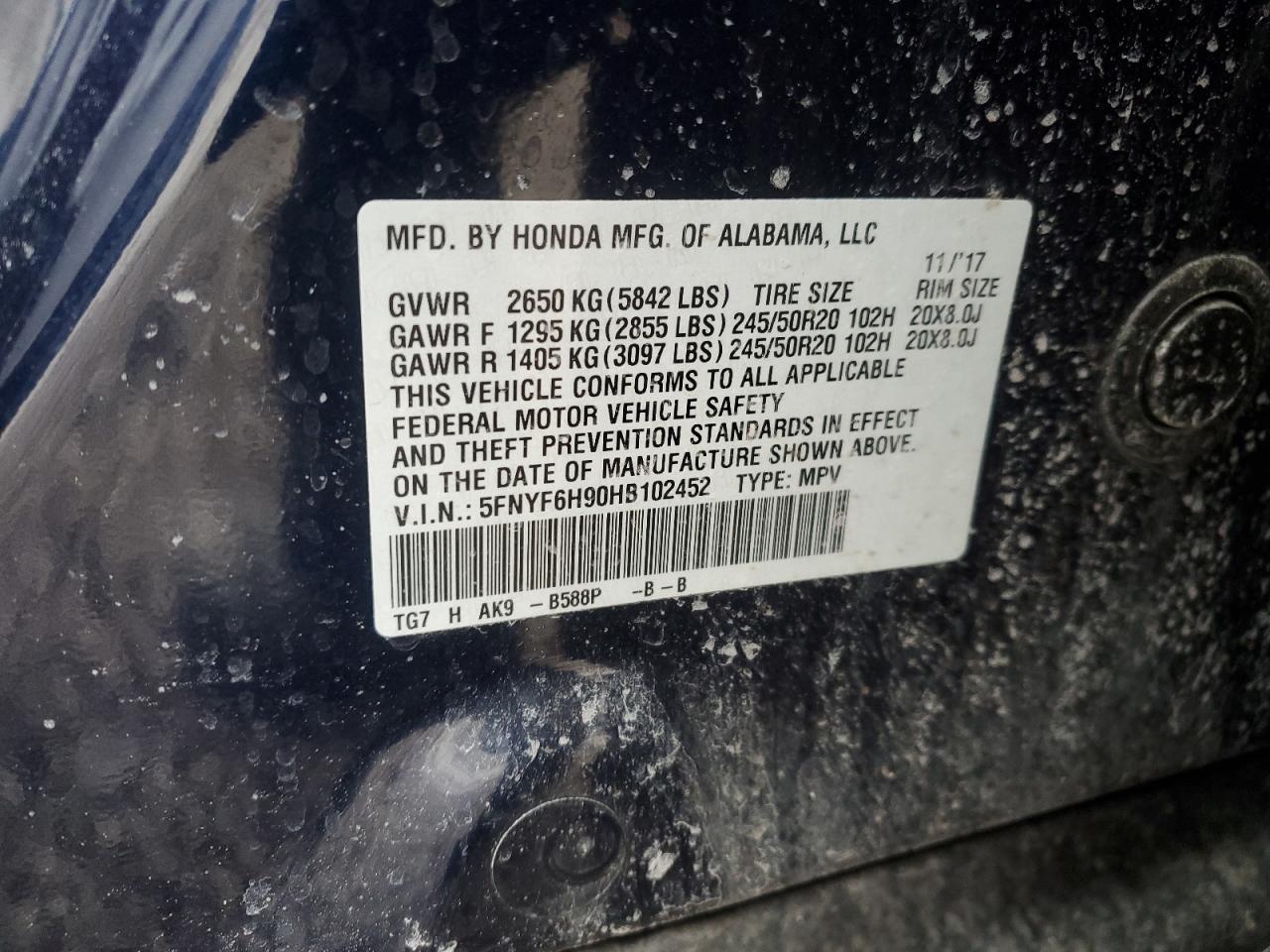 2017 Honda Pilot VIN 5FNYF6H90HB102452 Copart auction photo, front end damage thumbnail 16