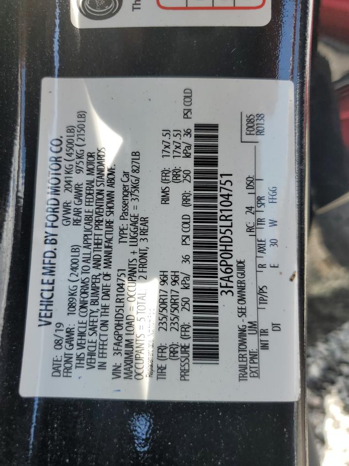 2020 Ford Fusion VIN 3FA6P0HD5LR104751 Copart auction photo, water/flood damage thumbnail 13