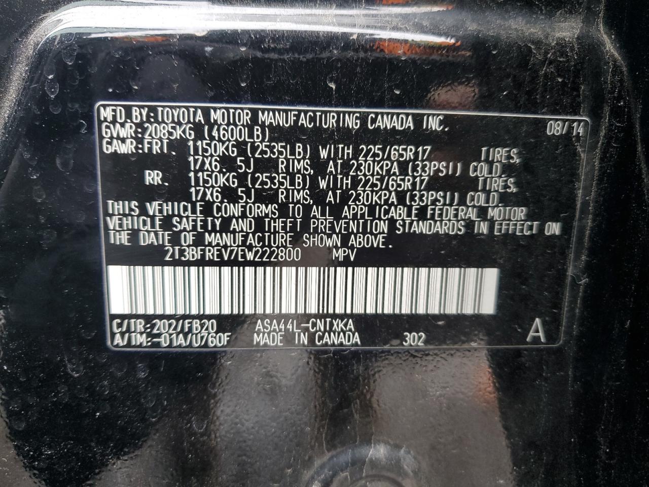 2014 Toyota RAV 4 VIN 2T3BFREV7EW222800 Copart auction photo, front end / top/roof damage thumbnail 15