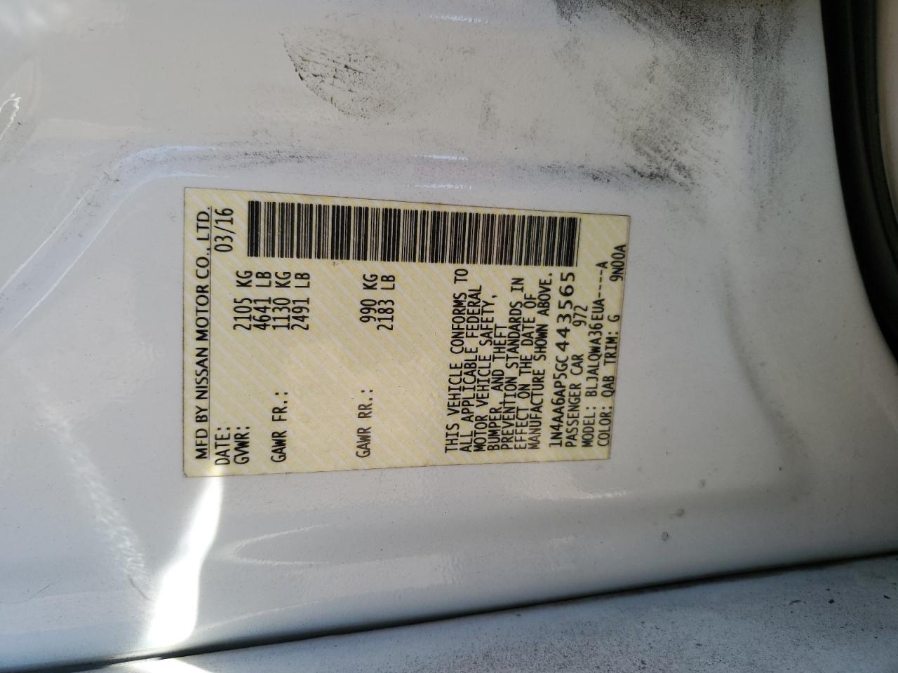 2016 Nissan Maxima VIN 1N4AA6AP5GC443565 Copart auction photo, front end / side damage thumbnail 15