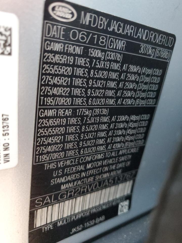 2018 Land Rover Range Rover VIN SALGR2RV0JA513767 Copart auction photo, front end damage thumbnail 13