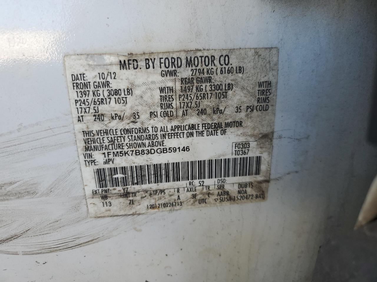 2013 Ford Explorer VIN 1FM5K7B83DGB59146 Copart auction photo, hail / all over damage thumbnail 15