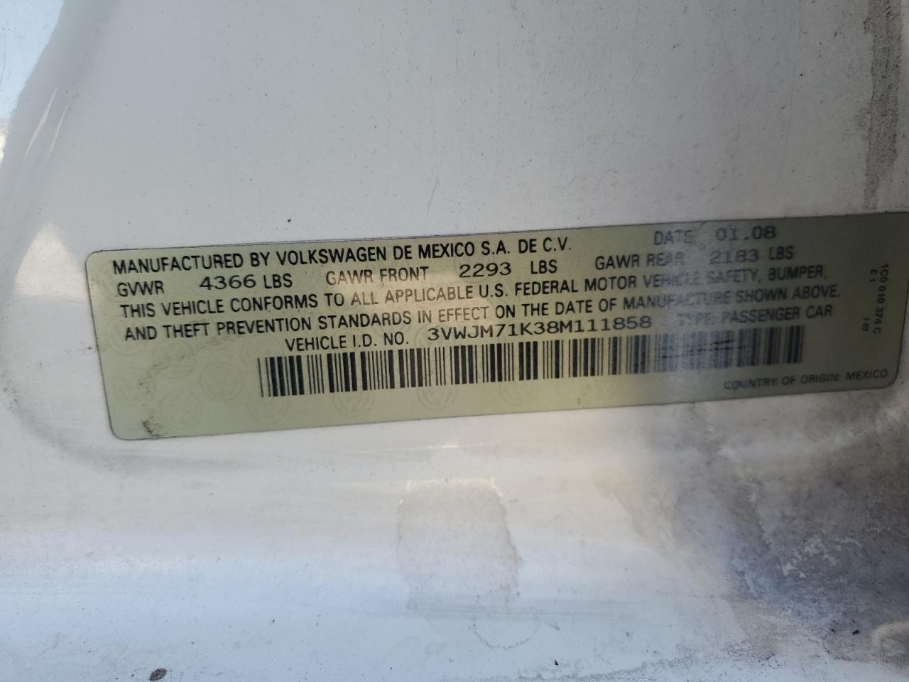 2008 Volkswagen Jetta VIN 3VWJM71K38M111858 Copart auction photo, front end damage thumbnail 12
