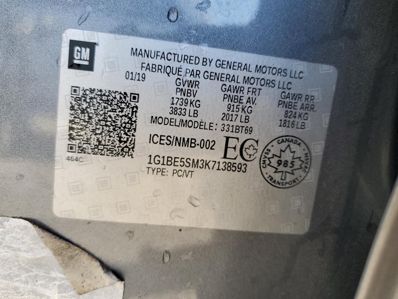 2019 Chevrolet Cruze VIN 1G1BE5SM3K7138593 Copart auction photo, front end damage thumbnail 12
