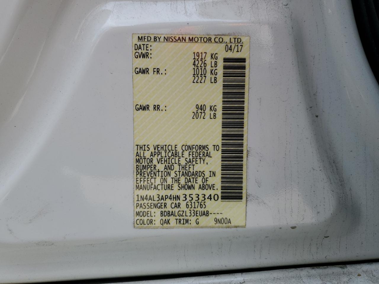 2017 Nissan Altima VIN 1N4AL3AP4HN353340 Copart auction photo, rear end damage thumbnail 12