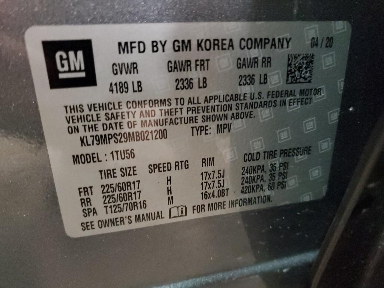 2021 Chevrolet TrailBlazer VIN KL79MPS29MB021200 Copart auction photo, front end / side damage thumbnail 13