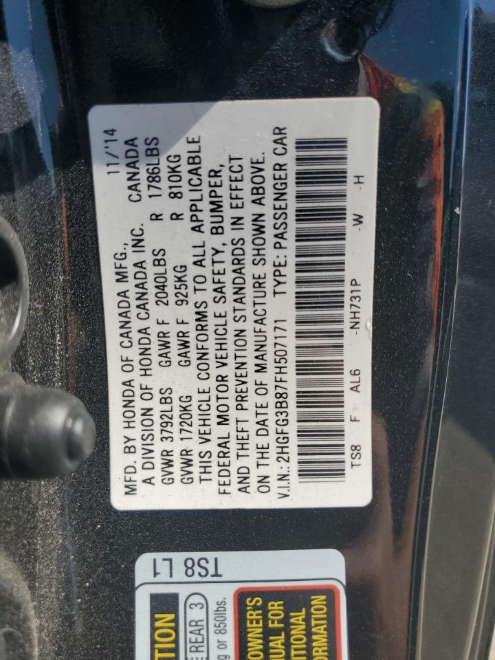 2015 Honda Civic VIN 2HGFG3B87FH507171 Copart auction photo, front end / mechanical damage thumbnail 12
