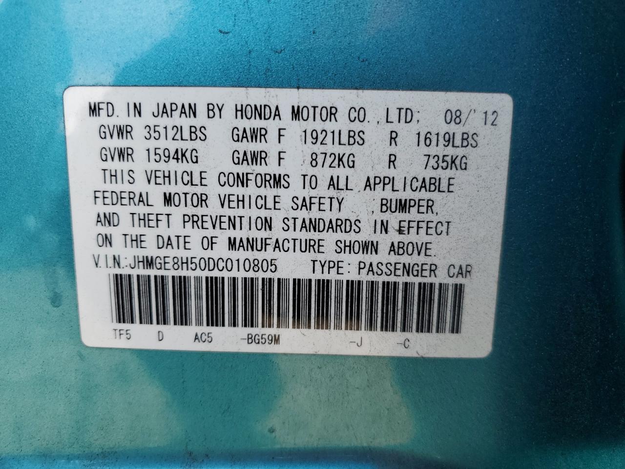 2013 Honda Fit VIN JHMGE8H50DC010805 Copart auction photo, side damage thumbnail 12