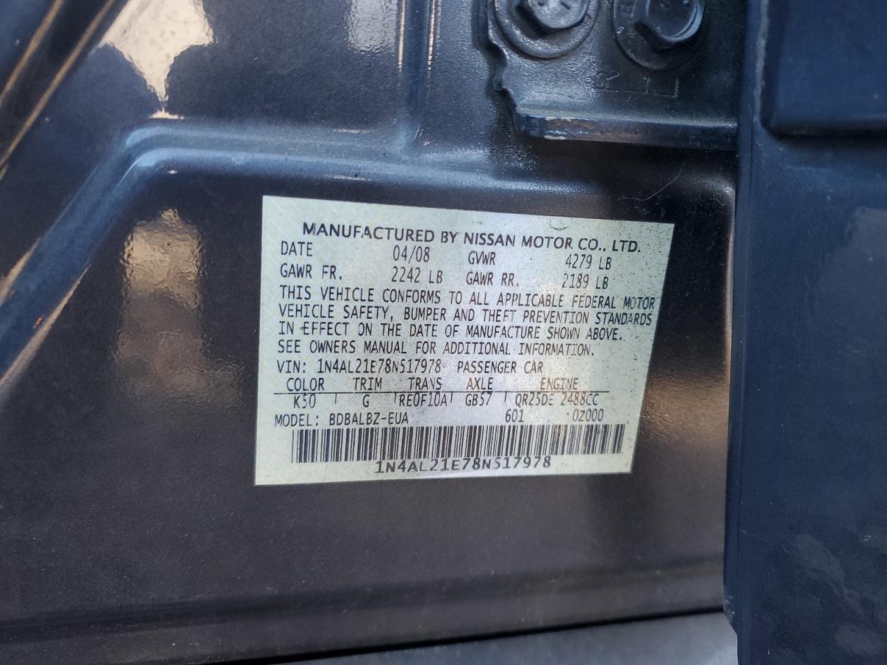 2008 Nissan Altima VIN 1N4AL21E78N517978 Copart auction photo, front end damage thumbnail 14