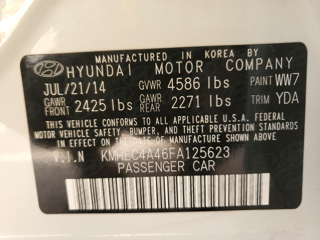 2015 Hyundai Sonata VIN KMHEC4A46FA125623 Copart auction photo, front end damage thumbnail 14