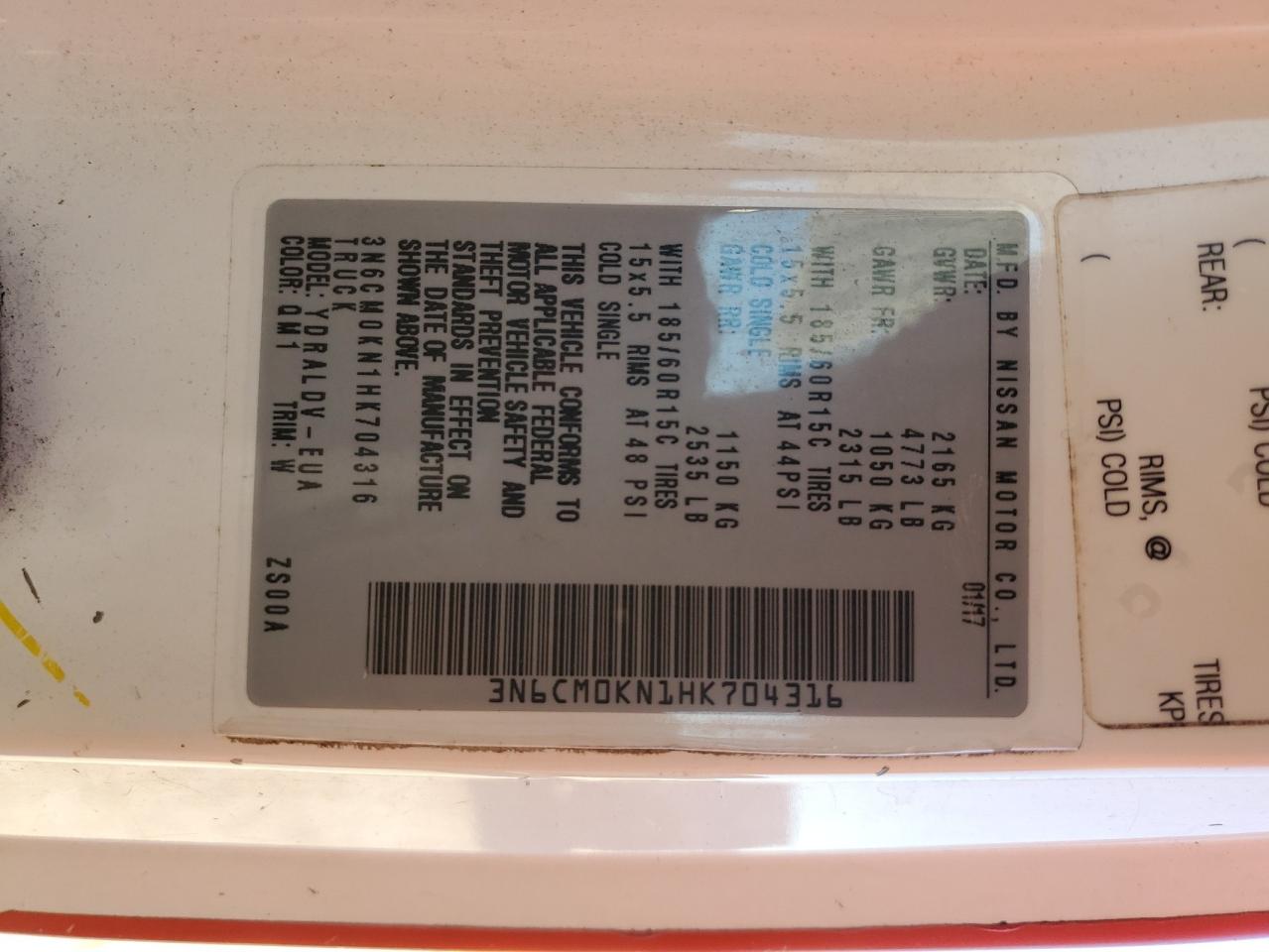 2017 Nissan NV VIN 3N6CM0KN1HK704316 Copart auction photo, side damage thumbnail 13