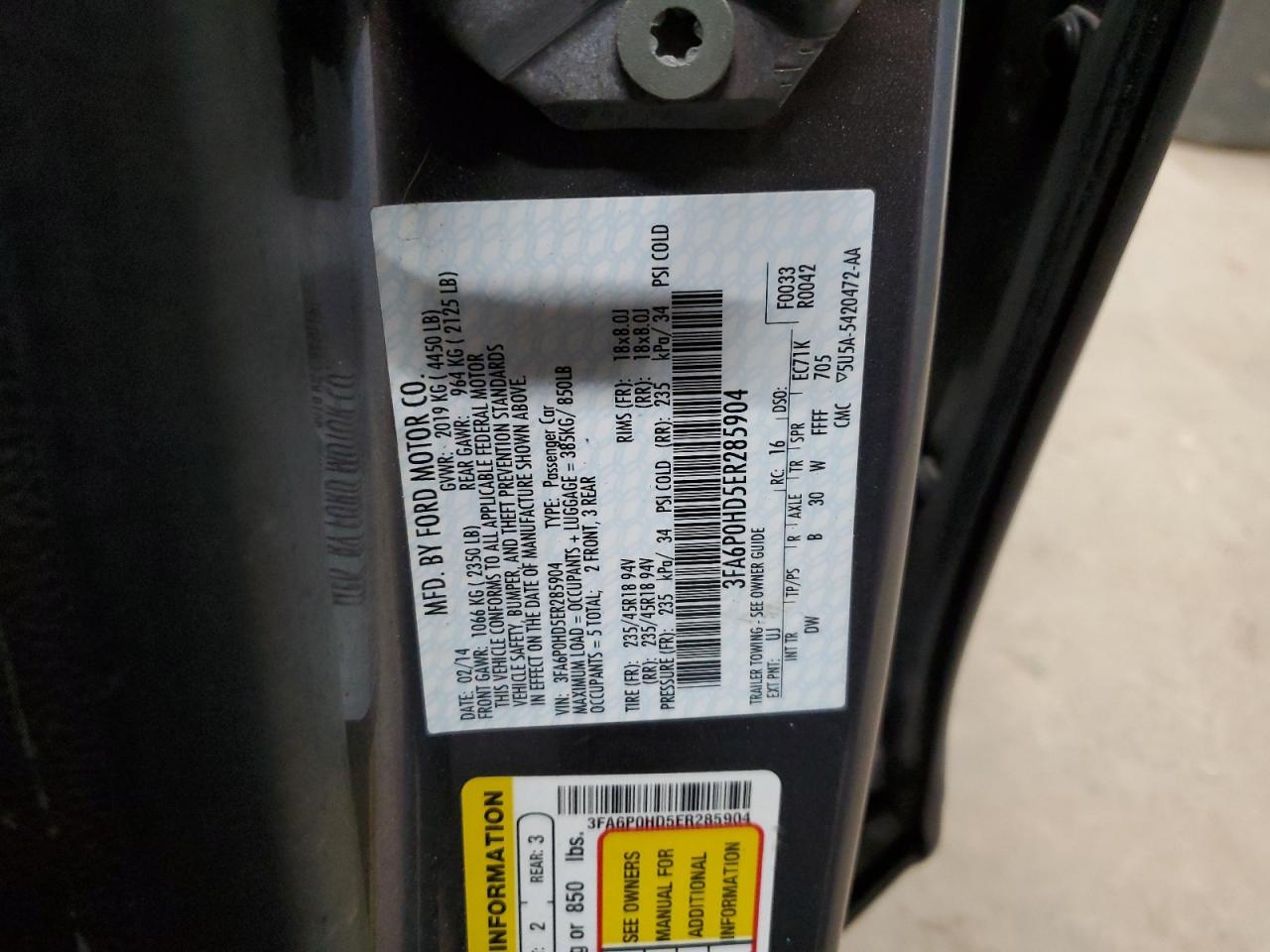 2014 Ford Fusion VIN 3FA6P0HD5ER285904 Copart auction photo, side / rear end damage thumbnail 12
